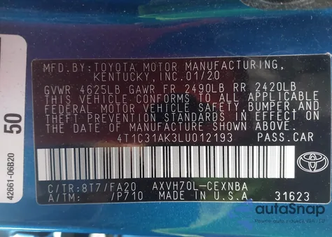 2020 Toyota Camry Le Hybrid z USA, uszkodzony, nr VIN 4T1C31AK3LU012193